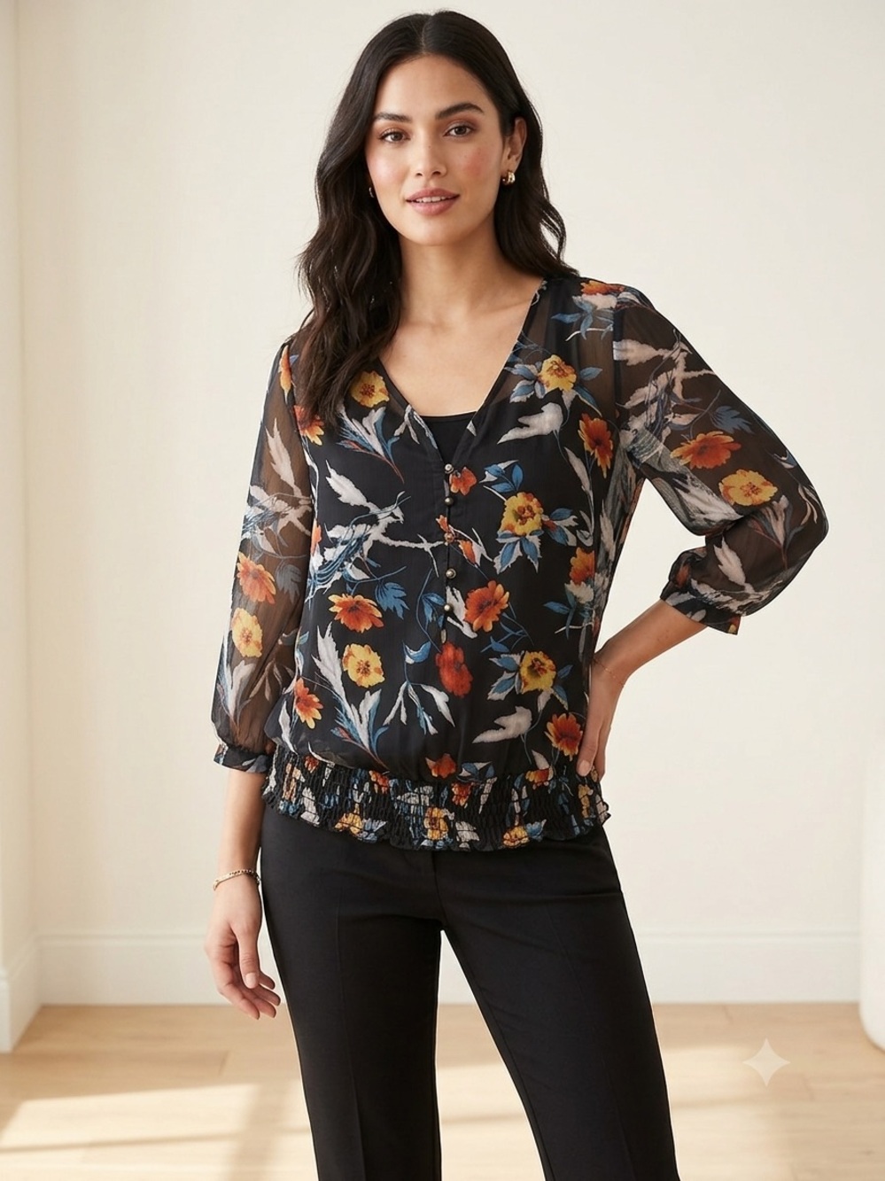 Woman’s Sheer Black Floral Blouse with Smocked Hem size large